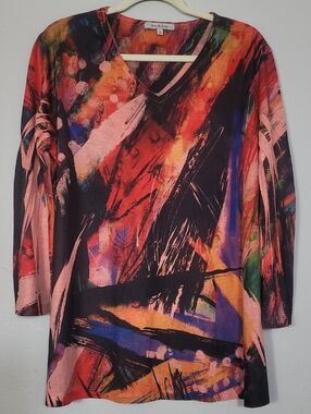 Jess & Jane Wearable Art Tunic Top Size L Red Paint Stroke V-Neck Made USA